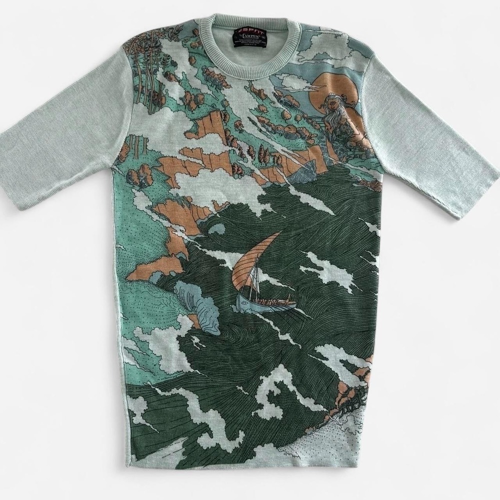 Vintage Esprit by Campus Japanese Woodblock Landscape Knit Top Green M USA Made